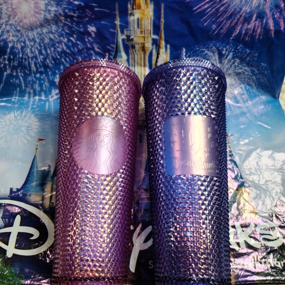 SET of 2 Disney Parks 50th Starbucks Studded Tumbler Cup Pink Blue Iridescent - Picture 3 of 11